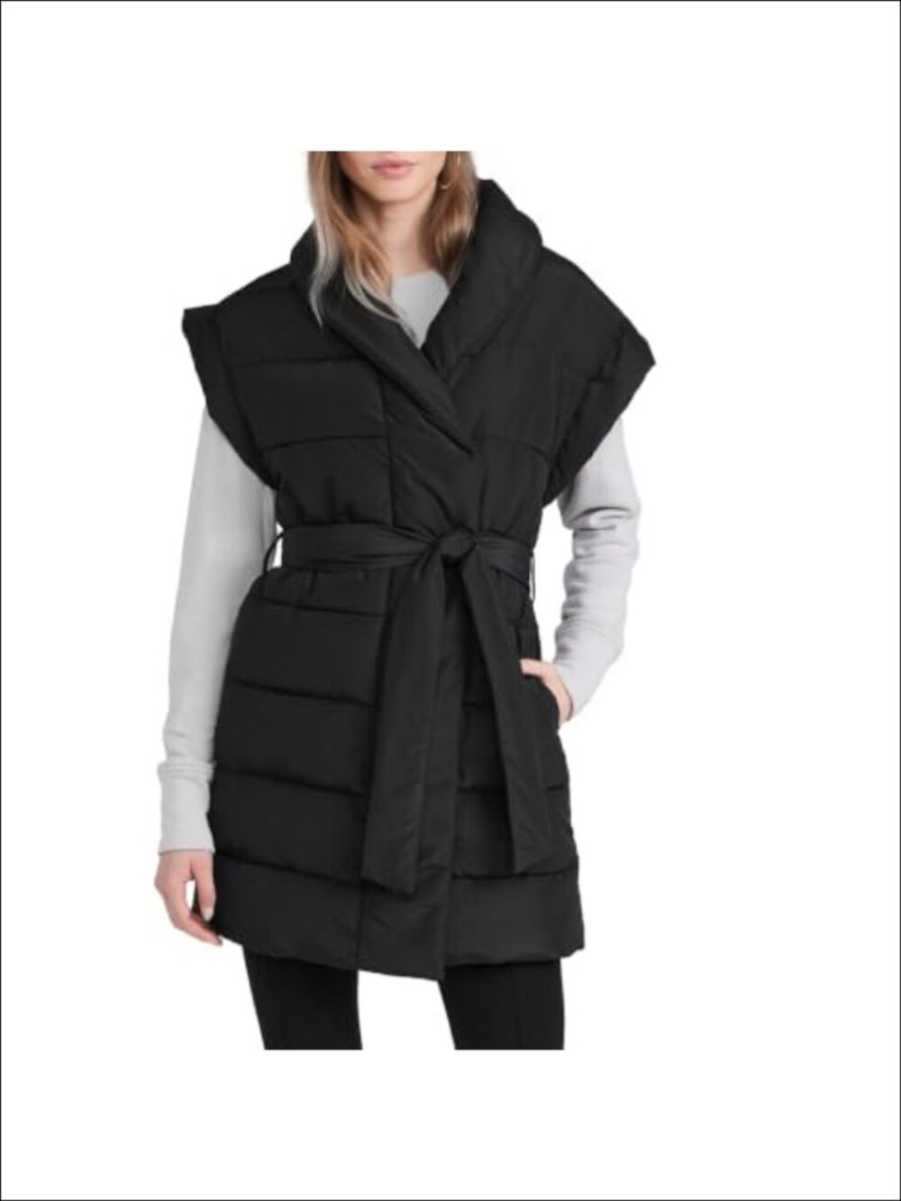 Oversized Long Puffer Vest Cap Sleeve Shawl Collar Button Down Quilted Belted
